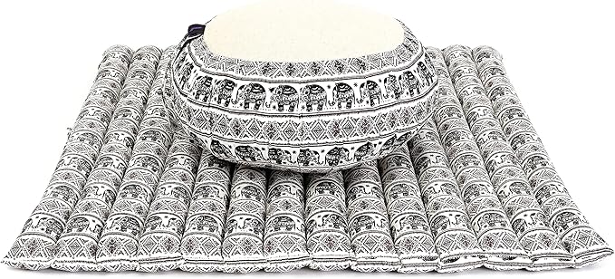 Leewadee Meditation Cushion Set – 1 Round Zafu Meditation Pillow and 1 Square Roll-Up Zabuton Meditation Mat, Pillows Bundle Filled with Kapok