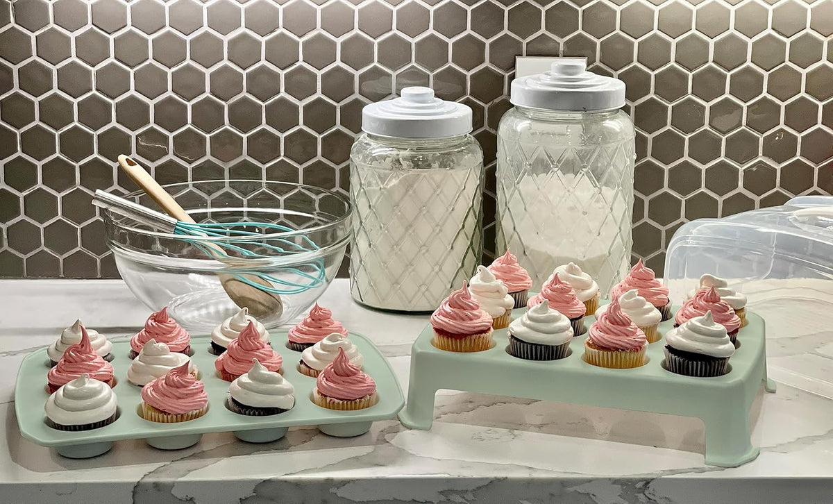 Cupcake Carrier, Green Cupcake Holder Carries 24 Standard-Size Cupcakes, Muffin Traveler Two Tier Stand Reusable Cupcake Box