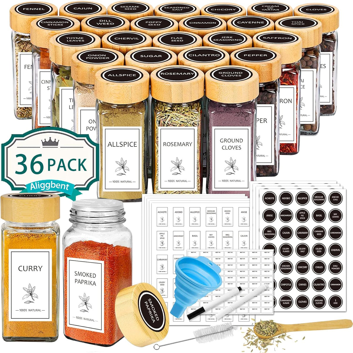 Aliggbent Spice Jars with Lable, 36 Pcs 4 oz Glass Spice Jars with Bamboo Lids, Spice Containers Bottles, Glass Seasoning Jars with Shaker Lids, Collapsible Funnel, for Spice Racks, Pantry,Cupboard