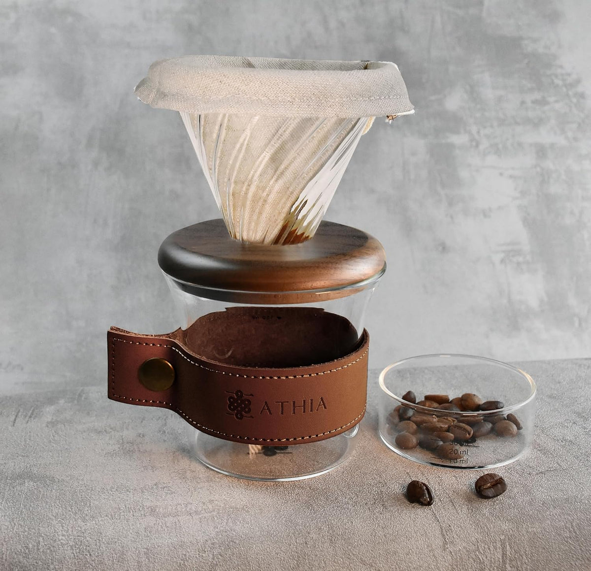ATHIA glass pour over coffee maker set, minimalist drip coffee maker with reusable cloth filter, glass coffee dripper, walnut lid & leather sleeve for single cup manual brewing (Walnut Wood)