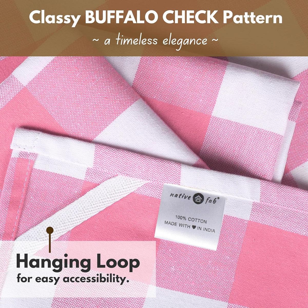 Native Fab Pink Checked Kitchen Towels 16"x26" - 6 Pack Buffalo Plaid Cotton Dish Towels - Absorbent Dishcloth Set, Soft Reusable Towel with Hanging Loop - Pink White