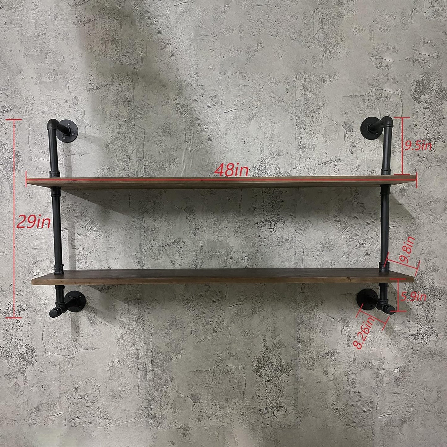 ROGMARS Industrial Pipe Solid Wooden Floating Book Shelves for Living Room Wall Shelving Kitchen Wall Shelves Bar Shelving 48 inch Rustic Farmhouse Shelves 2 Tier