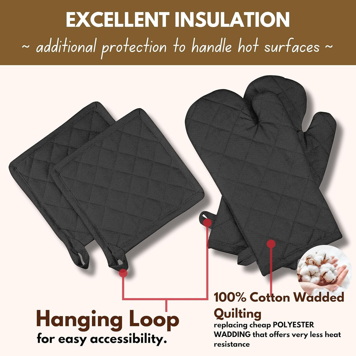 Native Fab Pot Holders and Oven Mitts Sets for Kitchen Heat Resistant - Hanging Non-Slip - 100% Cotton Kitchen Oven Mitts and Pot Holders 4-Piece Set - Black