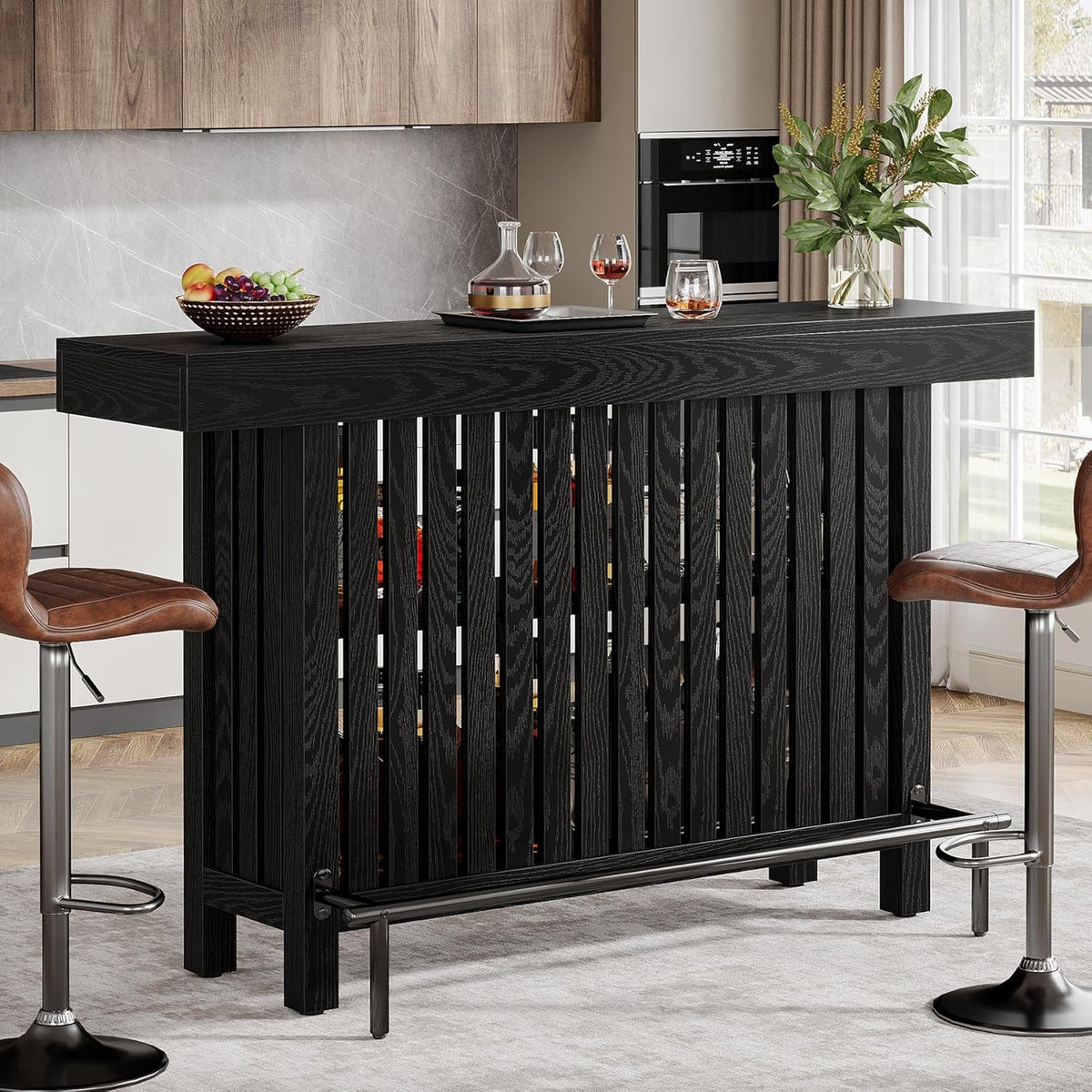 Tribesigns Black Large Home Bar Unit, 2-Tier Mini Bar Table Height Pub Table with Footrest, 63-Inch Modern Coffee Bar Cabinet for Home Kitchen, Bistro, Dining Room, Living Room