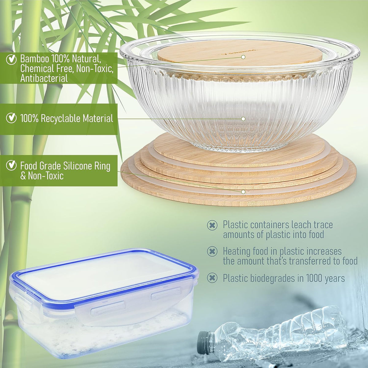 Stackable Space-Saving Nesting Set of 3 Glass Bowls with Bamboo Lids for Foodprep, Storage, Mixing & Cooking - Microwave & Oven Safe BPA Free Durable Heat Resistant Inert Borosilicate Glass