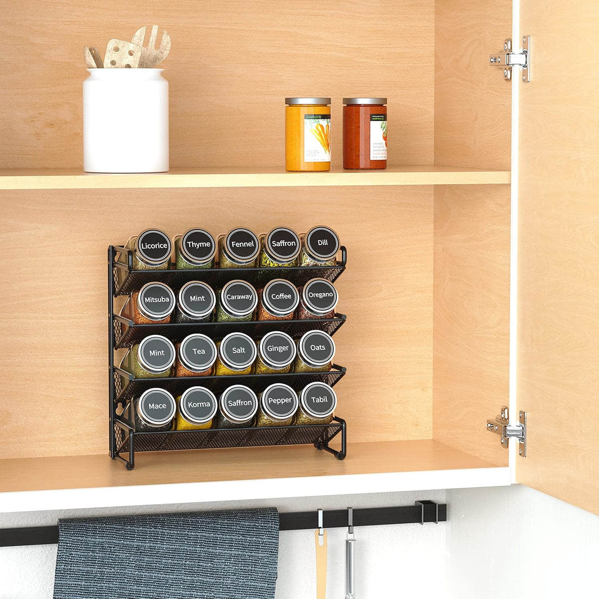 SpaceAid Spice Rack Organizer with 20 Spice Jars, 386 Spice Labels, Chalk Marker and Funnel Set for Cabinet, Countertop, Pantry, Cupboard or Door & Wall Mount - 20 Jars, 9.8" W × 10.8“H, Black