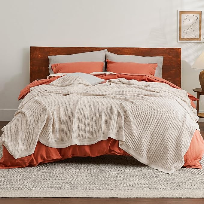 Bedsure 100% Cotton Blanket King Size for Bed - Breathable and Soft, Waffle Weave Blanket for Summer, Thick Cozy Fall Blankets for Women Gift, Khaki (a Little Bit Yellow), 104x90 inches