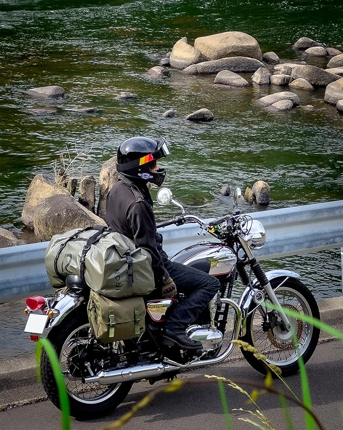 BORLENI Waterproof Motorcycle Dry Duffel Bag Luggage Tail Bag with Large Storage Space,Roll Top Closure, Shoulder Straps, Inner Pocket and Mesh Pocket for Motorcycling Travel Camping (Army Green,70L)