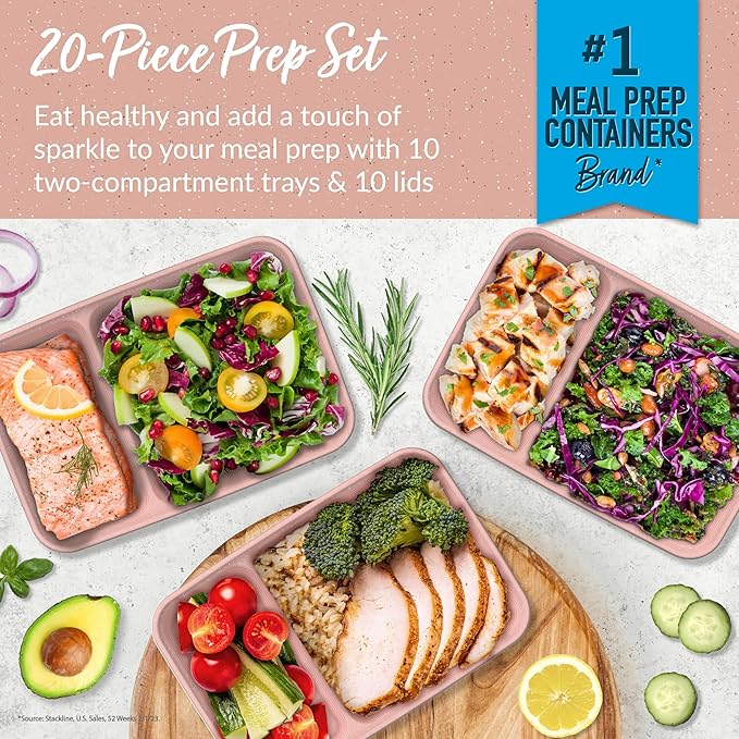 Bentgo 20-Piece Glitter Lightweight, Durable, Reusable BPA-Free 2-Compartment Containers - Microwave, Freezer, Dishwasher Safe (Glitter Garden Edition - Sweet Pea Glitter)