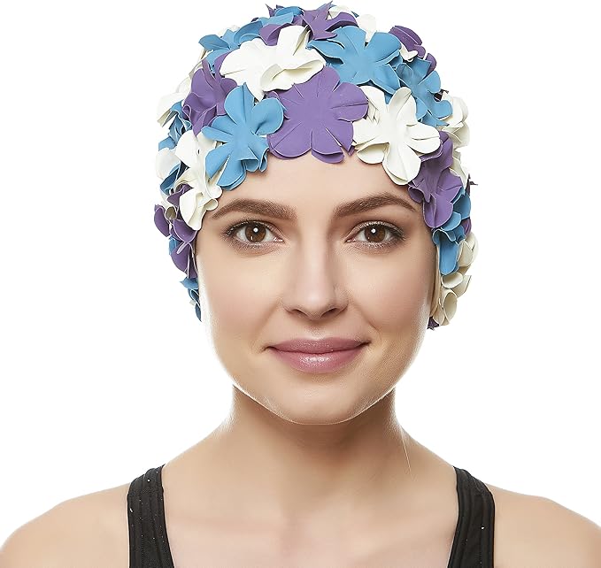 BEEMO Floral Petal Ladies Bathing Swim Cap Women Retro Swim Hat Long/Short Hair