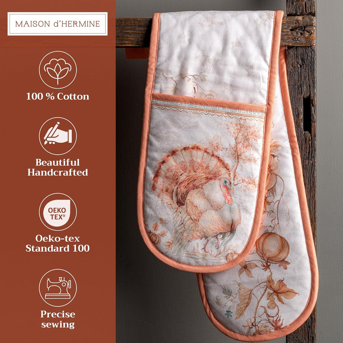 Maison d' Hermine Double Oven Mitts 100% Cotton 7"x35" Double Oven Mitt Heat Resistant BBQ Cooking Gloves with Loop, Baking, Grilling, Home, Kitchen, Handling Hot Pans (Giving Thanks)