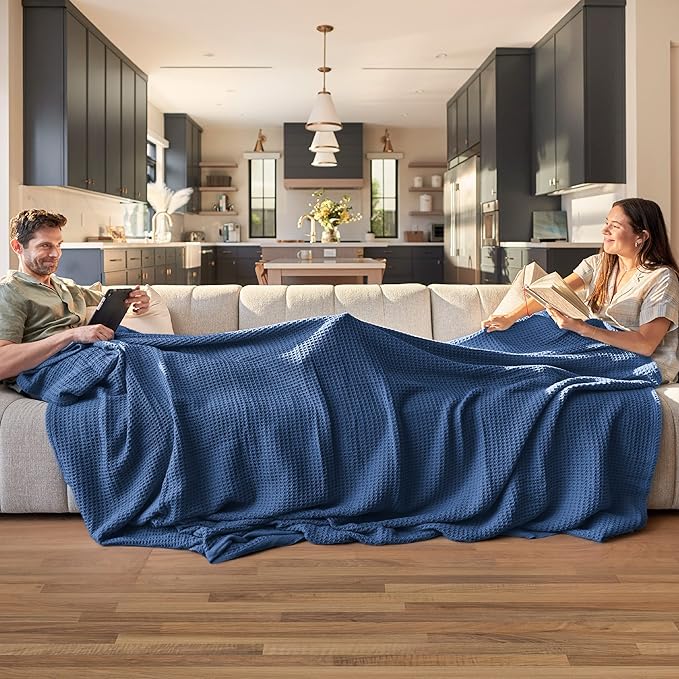 Bedsure 100% Cotton Large Throw Blanket for Couch 50x70 inches - Breathable and Soft, Waffle Weave Throw Blanket for Office, Navy