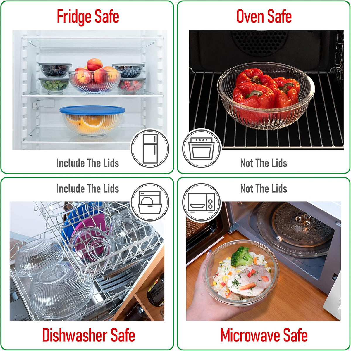 Set of 6 Stackable Space-Saving Nesting Glass Bowls with BPA Free Lids for Foodprep, Storage, Baking, Mixing & Cooking, Microwave Safe - Durable Inert Borosilicate Glass