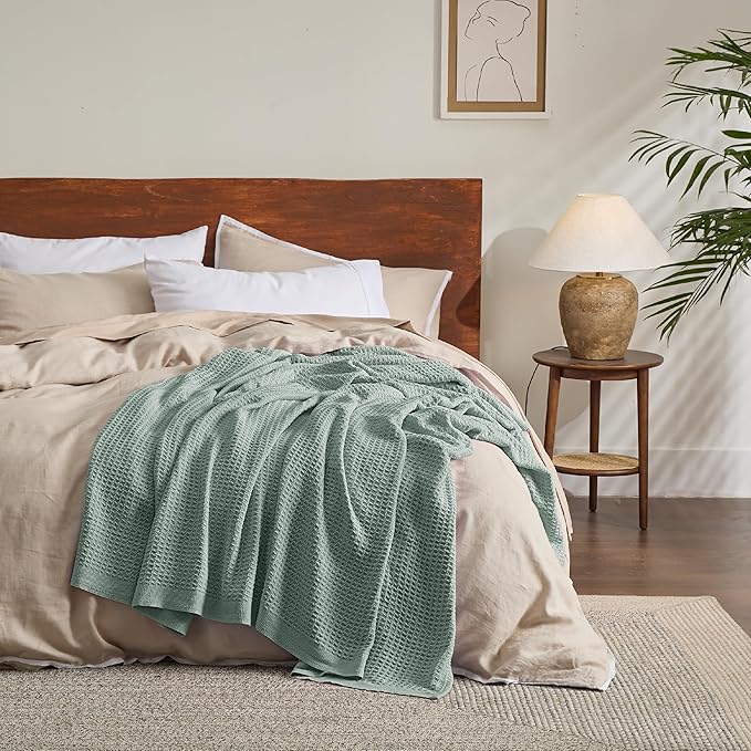 Bedsure 100% Cotton Blanket Queen Size for Bed - Breathable and Soft, Waffle Weave Blanket for Summer, Thick Cozy Fall Blankets for Women Gift, Sage Green, 90x90 Inches