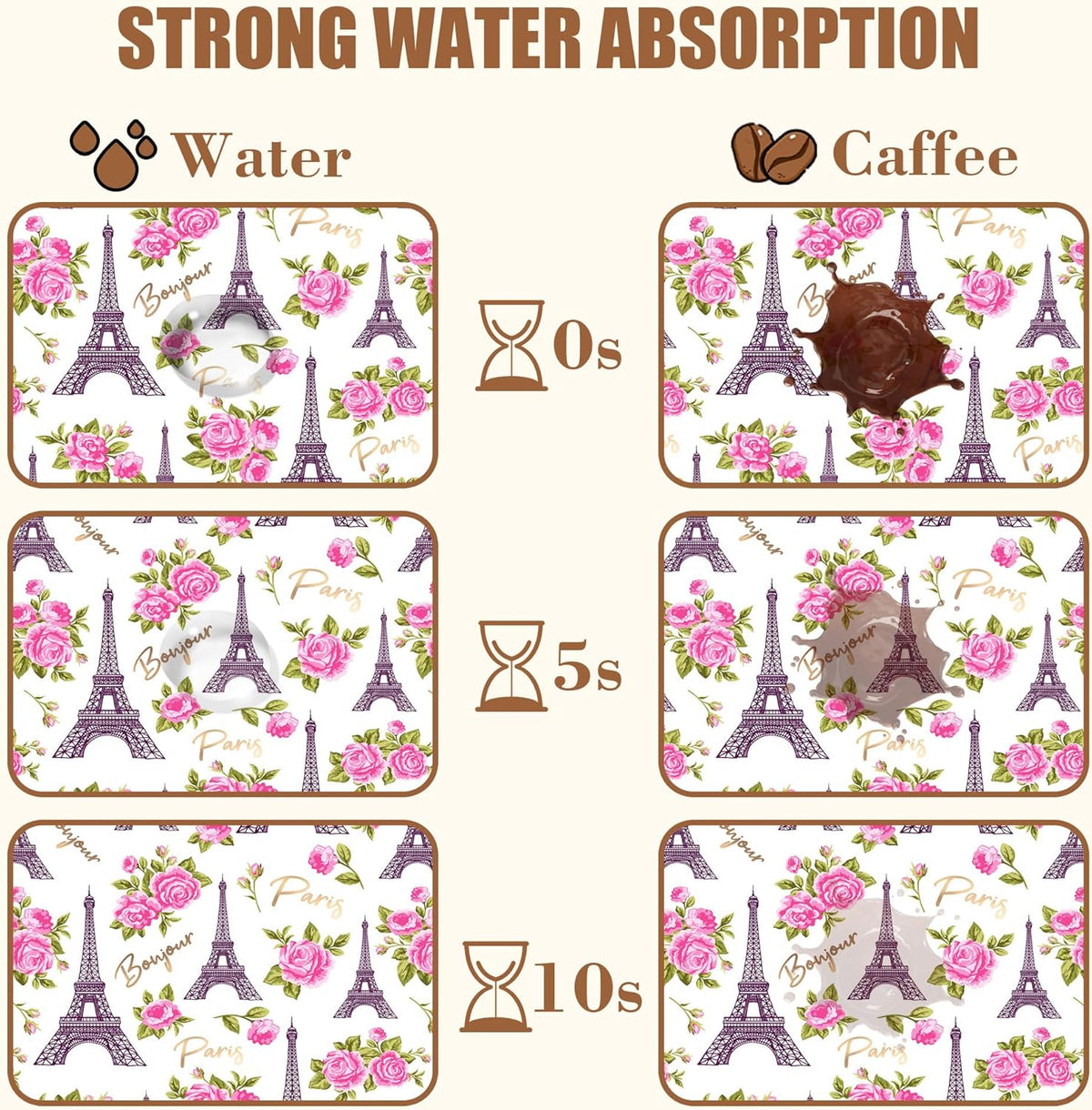 Eiffel Tower with Pink Rose Coffee Mat Absorbent Dish Drying Mat for Kitchen Counter Hide Stain Rubber Backed Coffee Bar Accessories Fit Under Espresso Machine Dish Drainer 15.7 x 23.6 Inch