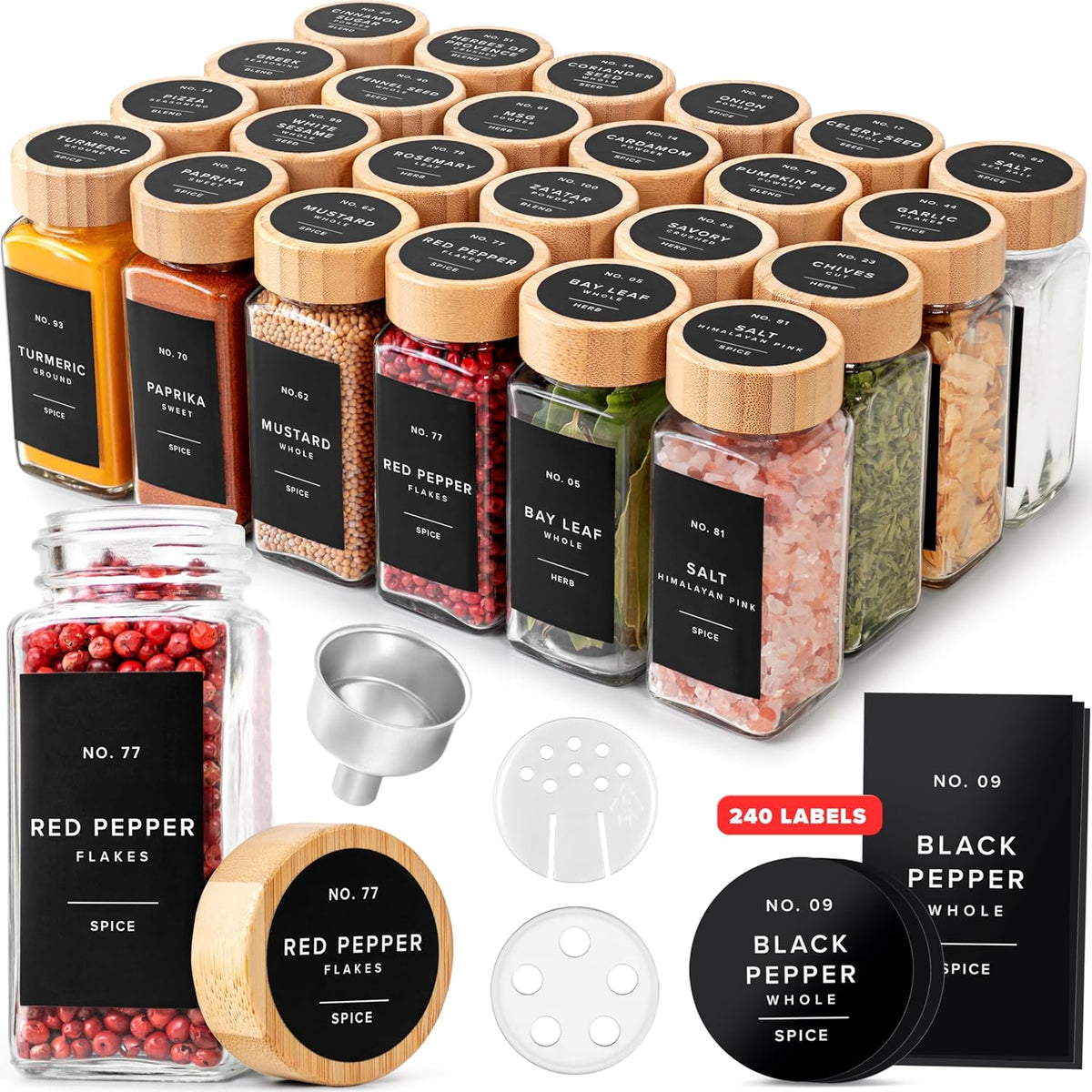 EDELHAUS® Square Spice Jars with Bamboo Wooden Lid (Pack of 24) Spice Jars with Shaker Insert and 240 Labels - Bamboo Lid Glass Container for Spice Organisation [4.3 in × 1.8 in]