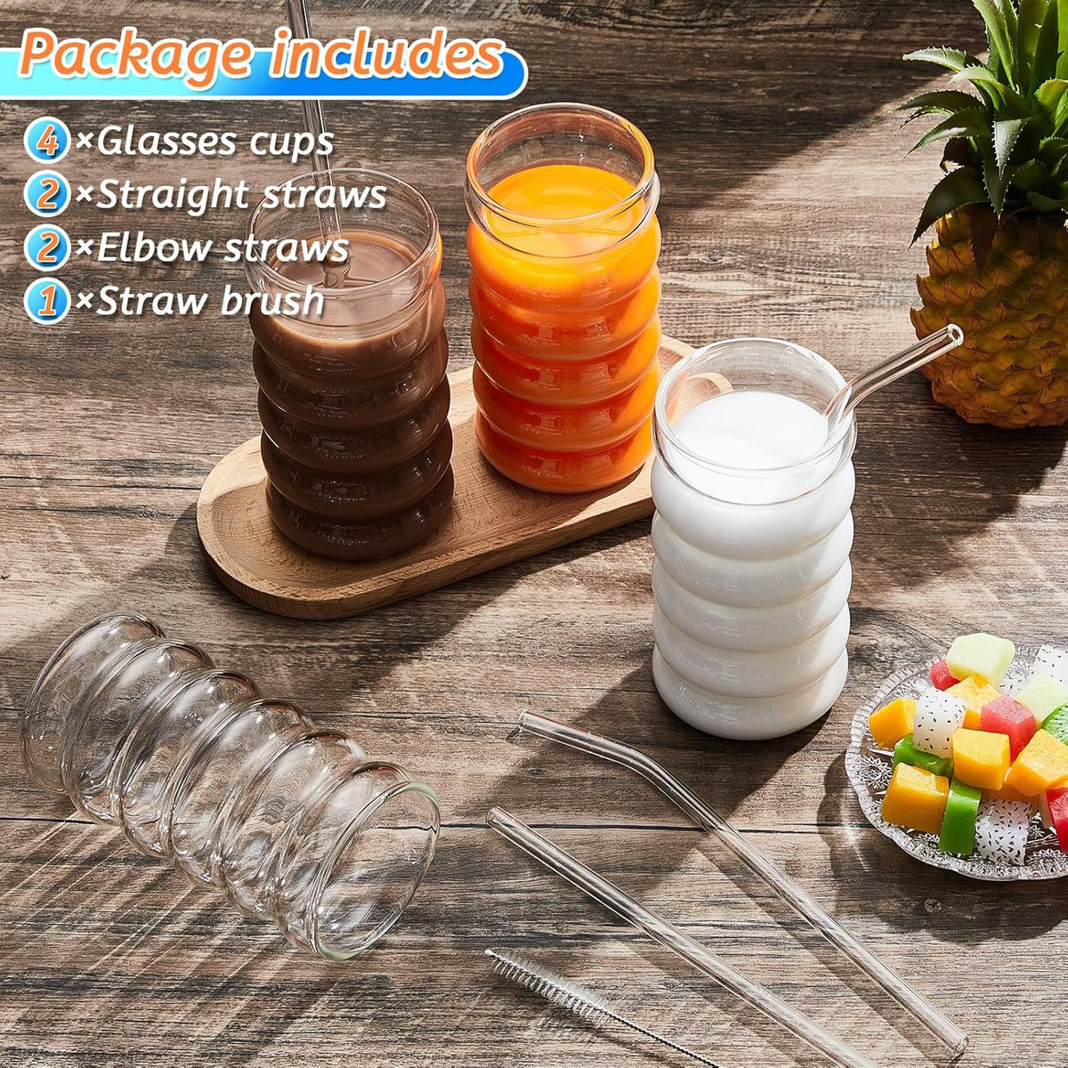 Tessco for you 4 Pcs Creative Glass Cups Vintage Drinking Glasses Ribbed Glassware Aesthetic Cup Entertainment Dinnerware Glassware with Straws Set for Kitchen Coffee Beverage(16 oz,Clear)