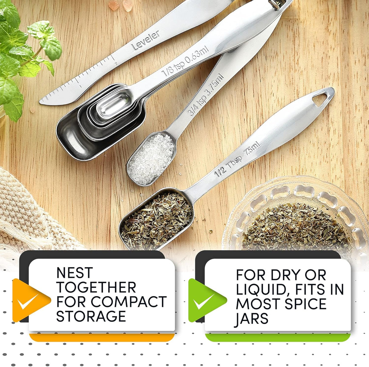 Spring Chef Stainless Steel Measuring Spoons Set of 8 with Leveler, Metal Teaspoon & Tablespoon Measuring Spoons for Dry & Liquid Ingredients, Fits in Spice Jars - Kitchen Gadgets For Baking & Cooking
