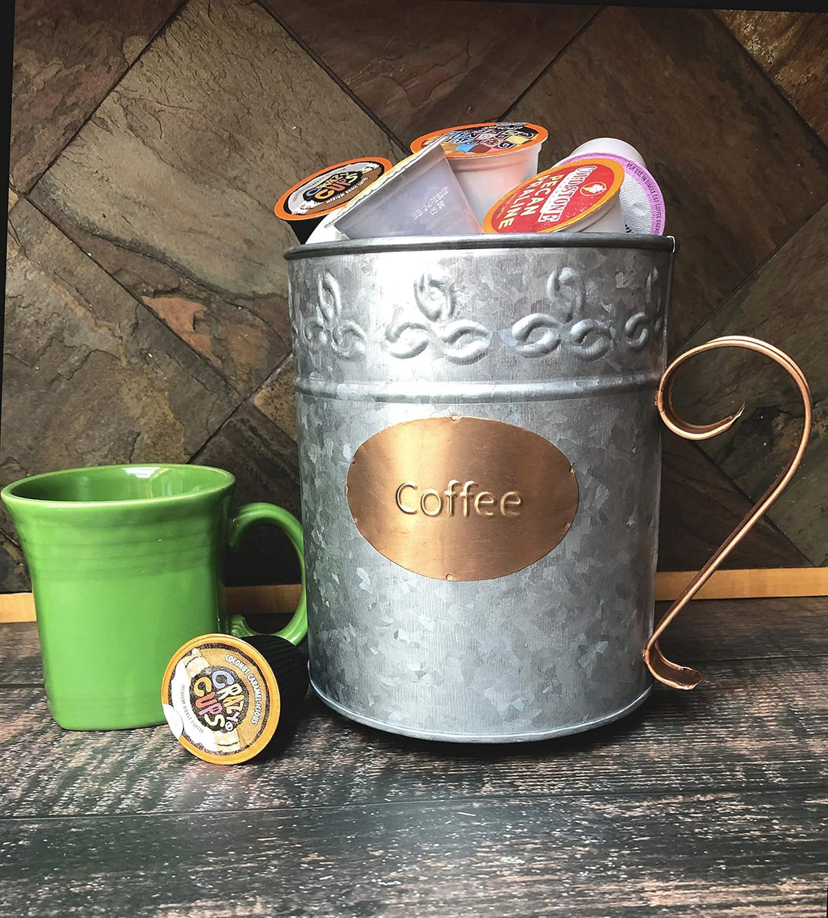Autumn Alley Farmhouse Coffee Pod Holder Organizer – Galvanized Dual Toned Rustic Farmhouse Décor Basket for Counter – Vintage Copper Label & Handle – Industrial Chic Country Décor Accessories