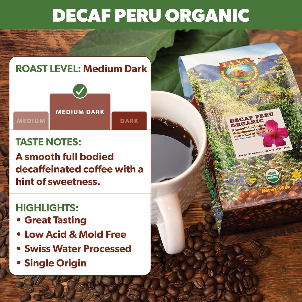 Low Acid Organic Coffee – Whole Bean, Mold-Free & Stomach Friendly by Java Planet, Peruvian Single Origin Decaf Coffee, Medium Dark Roast, Water Process, Smooth Full Flavored, 1LB Bag
