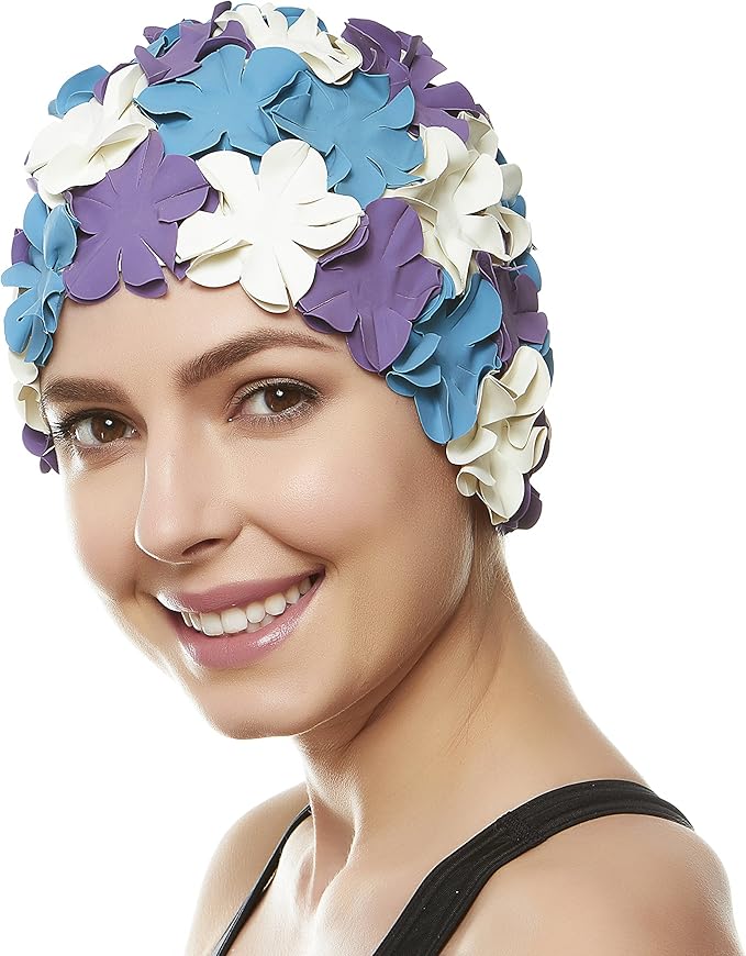 BEEMO Floral Petal Ladies Bathing Swim Cap Women Retro Swim Hat Long/Short Hair