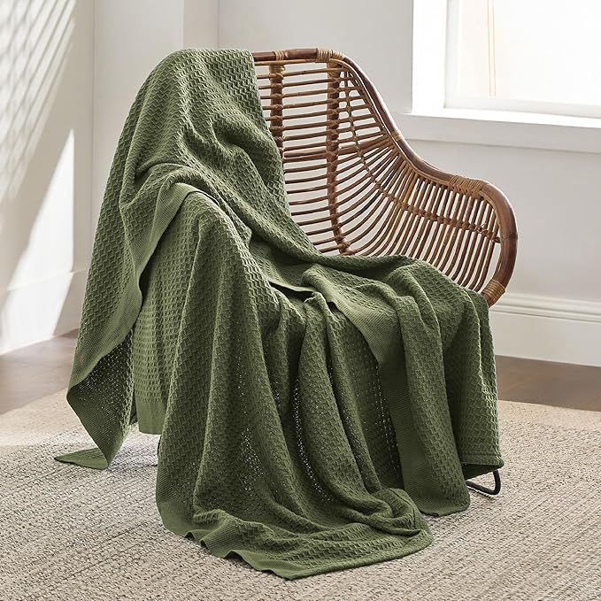 Bedsure 100% Cotton Large Throw Blanket for Couch 50x70 inches - Breathable and Soft, Waffle Weave Throw Blanket for Office, Olive Green