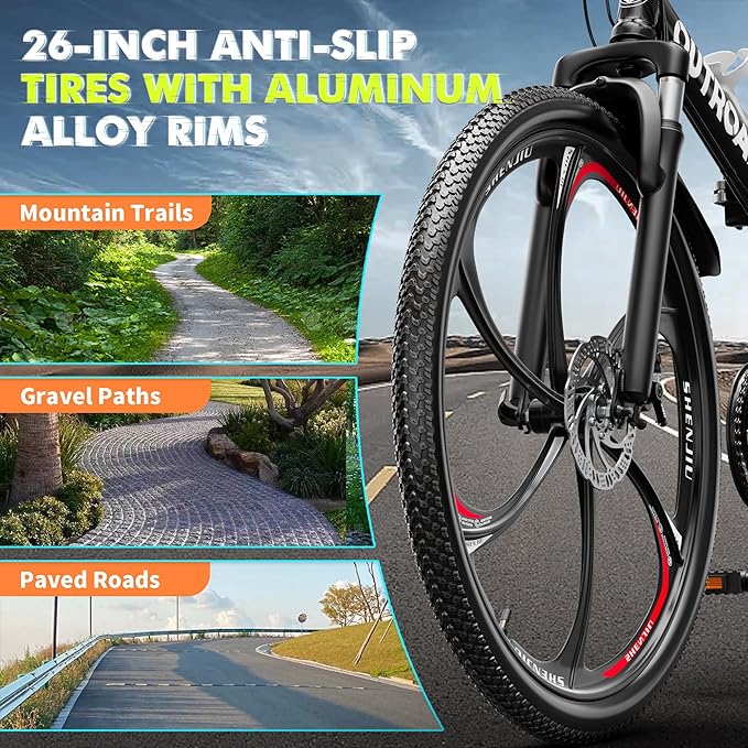 26 Inch Folding Mountain Bike, 21 Speed Full Suspension Bicycle with High-Carbon Steel, Dual Disc Brake Non-Slip Quick Release tire Folding Bicycle for Adults/Men/Women