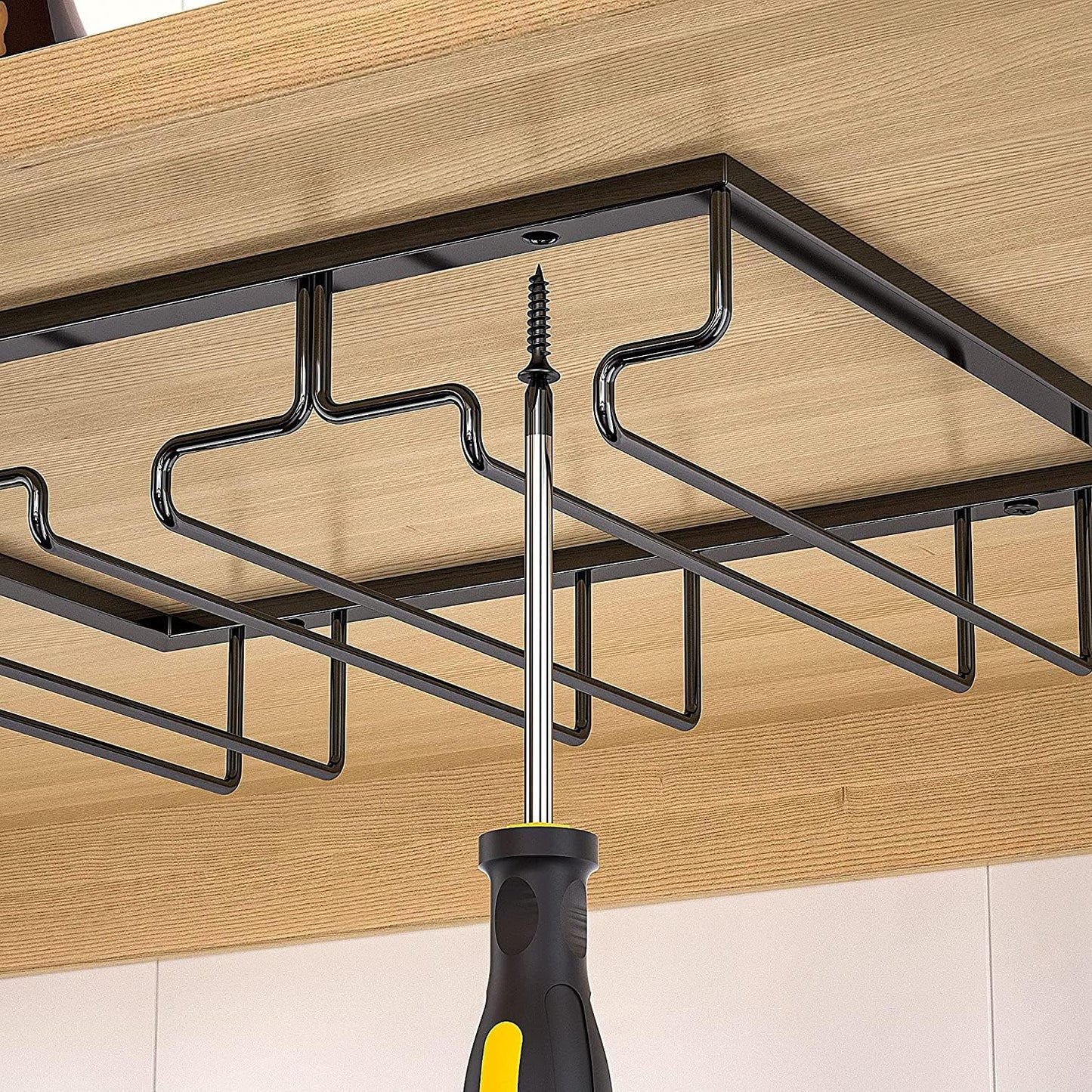 Wine Cup Holder Table Decoration Storage Hanger Metal Organizer for Bar Kitchen Stemware Rack Under Cabinet Stainless Steel Hanger Storage Shelf Black (Black, 4 Rows 2 Packs)