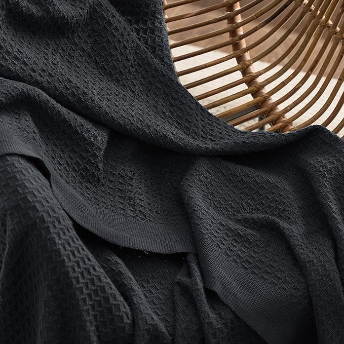 Bedsure 100% Cotton Large Throw Blanket for Couch 50x70 inches - Breathable and Soft, Waffle Weave Throw Blanket for Office, Black