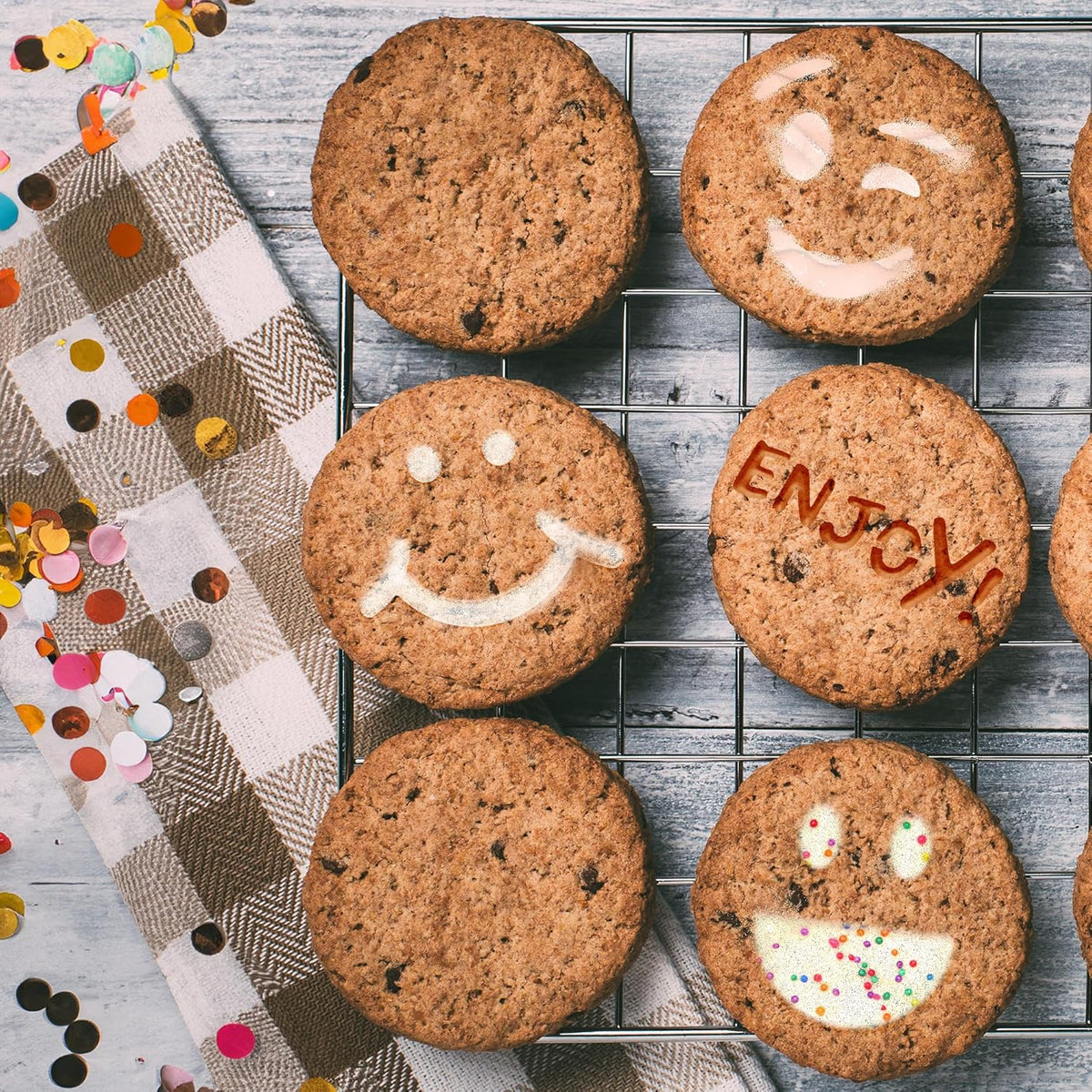 NAKLEO Coffee Stencils and Cookies Decoration 14Pcs 2.8”x2.8” and 4.3”x4.3”, Reusable Plastic Baking Templates, Emotion Smileys Emoticon, Barista DIY Art Craft, Capuccino Latte Chocolate Cake Biscuit
