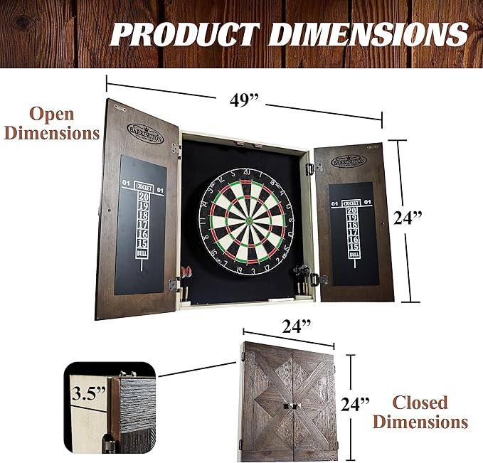 Barrington Dartboard Multiple Styles Pre-Assembled Wood Dartboard Cabinet Collection with 18” Bristle Dartboard & Steel Tip Dart Set, Perfect for Cricket Games