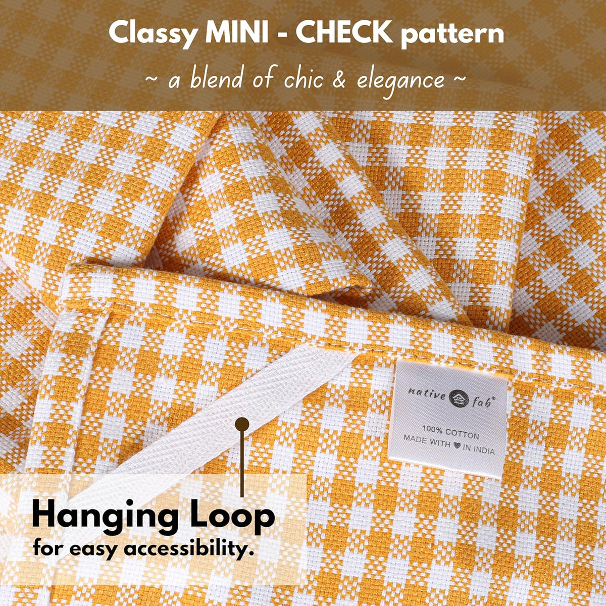Native Fab 6 Pack Gingham Mini Check Kitchen Hand Towels Set - 100% Cotton Absorbent Reusable Washable 16"x26" - Quick Drying Dish Towels with Hanging Loops for Kitchen, Yellow White