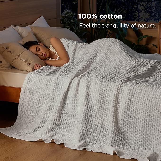 Bedsure 100% Cotton Blanket Queen Size for Bed - Breathable and Soft, Waffle Weave Blanket for Summer, Thick Cozy Fall Blankets for Women Gift, White, 90x90 Inches