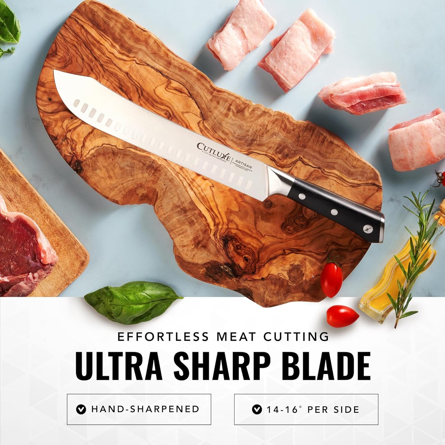 Cutluxe Butcher Knife – 10″ Bullnose Carving Knife, Forged High Carbon German Steel – Full Tang & Razor Sharp – Ergonomic Handle Design – Artisan Series