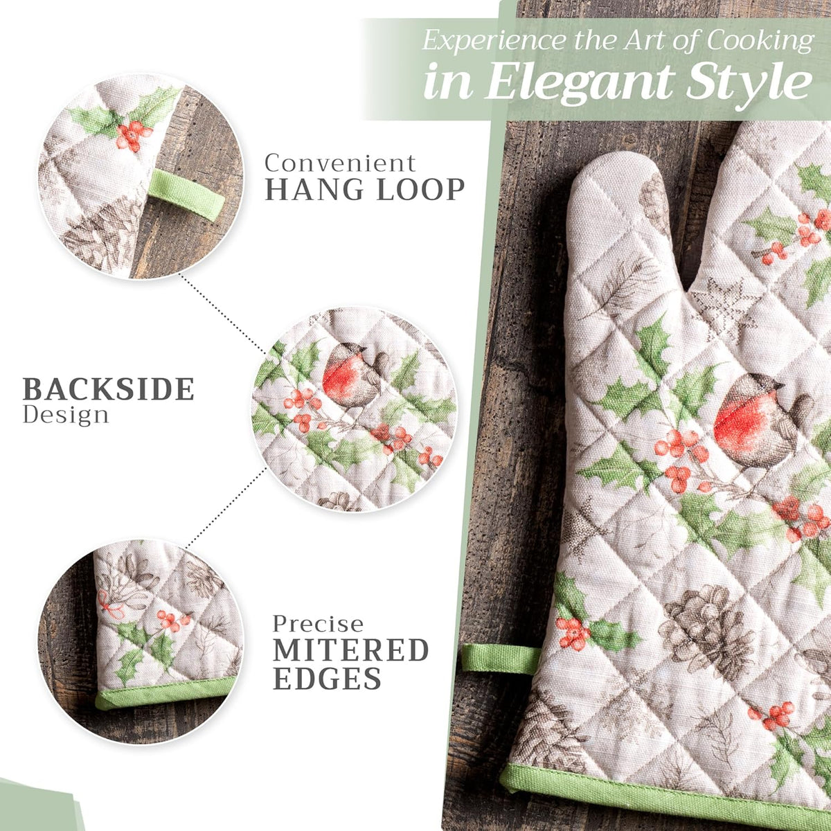 Maison d' Hermine Oven Gloves 100% Cotton Oven Mitt 7" x 13" with Loop Heat Resistant, BBQ, Cooking Gloves, Baking, Grilling, Kitchen, Handling Hot Pans (Pack of 1, Christmas Dew)