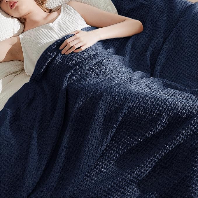 Bedsure 100% Cotton Blanket Twin XL Size for College Dorm - Breathable and Soft, Waffle Weave Twin Blanket for Summer, Dorm Room Essentials, Pageant Blue, 66x90 inches