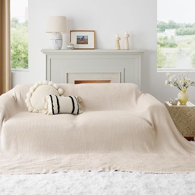 Bedsure 100% Cotton Large Blanket Oversized King for Bed - Breathable Thick Waffle Weave Blanket for Summer, Couch Cover, Khaki (a Little Bit Yellow), 120x94 inches