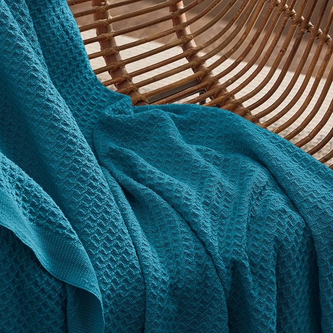 Bedsure 100% Cotton Blanket Twin XL Size for College Dorm - Breathable and Soft, Waffle Weave Twin Blanket for Summer, Dorm Room Essentials, Teal, 66x90 inches