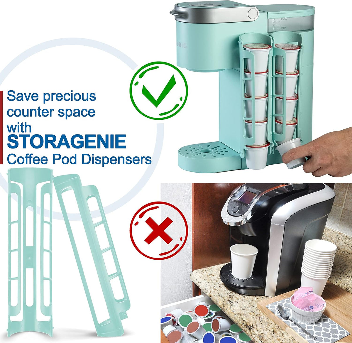 STORAGENIE K Cup Holder for Keurig, Coffee pod Storage, Side Mount | Wall Mount, Perfect for Small Counters (2 Rows/For 10 K Cups, OASIS BLUE)