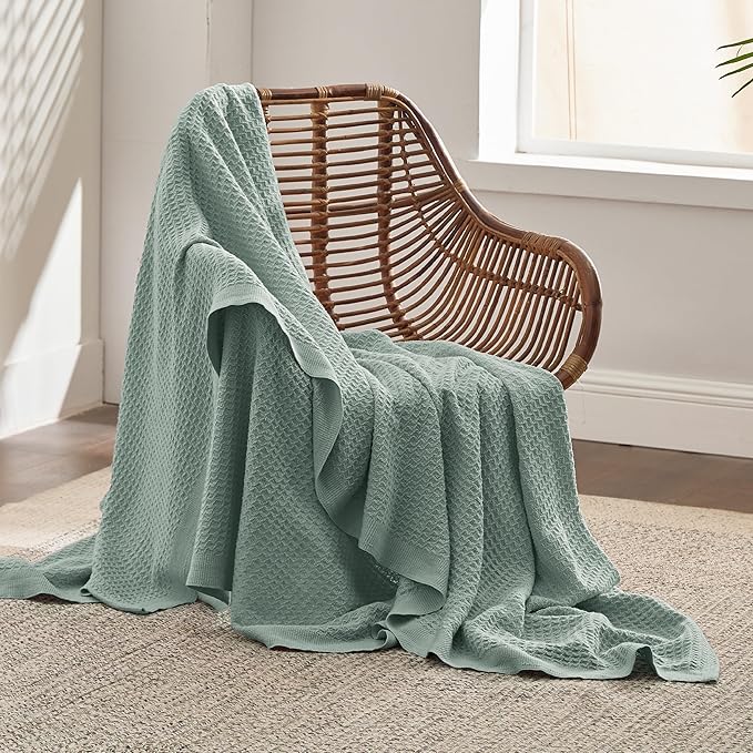 Bedsure 100% Cotton Large Throw Blanket for Couch 50x70 inches - Breathable and Soft, Waffle Weave Throw Blanket for Office, Sage Green