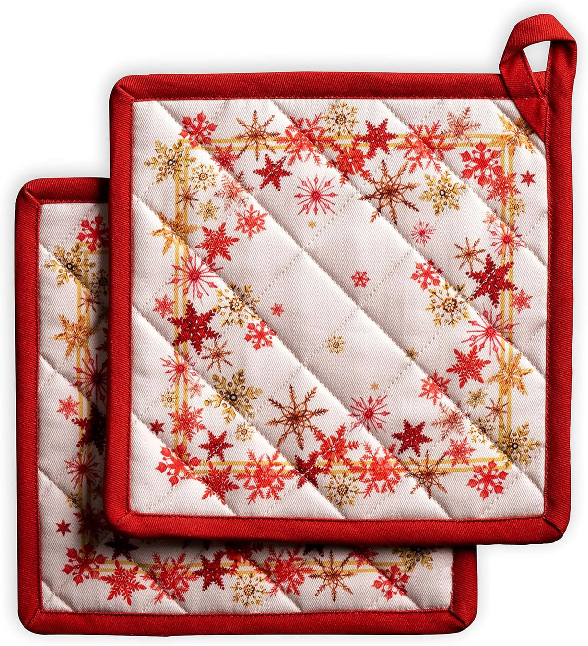 Maison d' Hermine Pot Holders Set 100% Cotton Heat Resistant Potholders 8" x 8" Hot Pads with Loop BBQ, Cooking, Baking, Grilling, Kitchen, Handling Hot Pans (Pack of 2, Crystal Star)