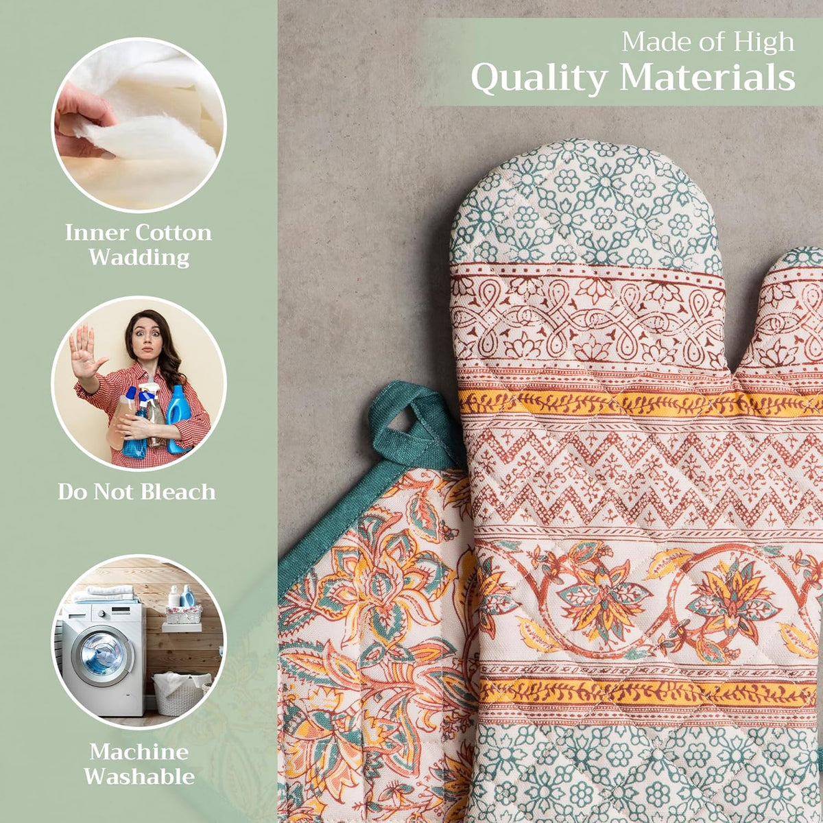 Maison d' Hermine 100% Cotton Oven Mitt & Pot Holder Set (7.5"x13" & 8"x8") Heat Resistant BBQ Cooking Gloves with Loop, Baking, Grilling, Kitchen, Handling Hot Pans (Nila)
