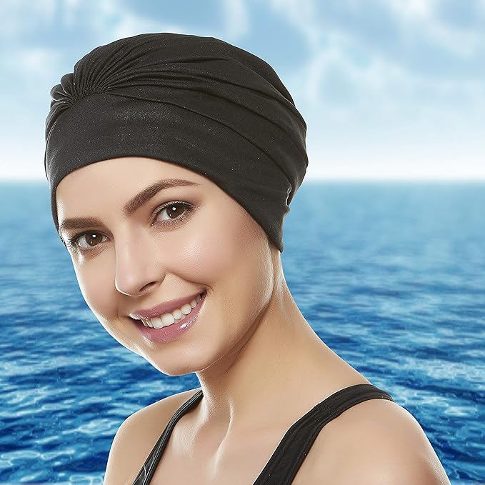 BEEMO Swim Caps for Women Swimming Turban Polyester Latex Lined Pleated for Ladies