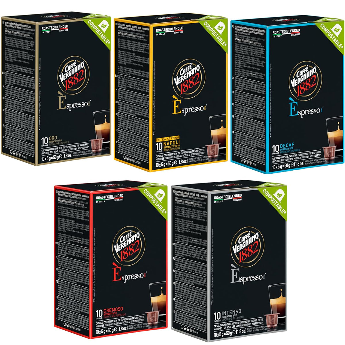 Caffe' Vergnano 1882 50 Count Oro, Cremoso, Intenso, Napoli and Decaffeinato Original Line Machine Compatible Capsules, Arabica Medium Roast Coffee Variety Pack Intensity Range 4/10 to 10/10