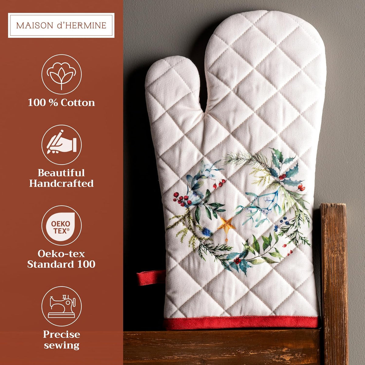 Maison d' Hermine Oven Gloves 100% Cotton Oven Mitt 7" x 13" with Loop Heat Resistant, BBQ, Cooking Gloves, Baking, Grilling, Kitchen, Handling Hot Pans (Pack of 1, Holly Time)