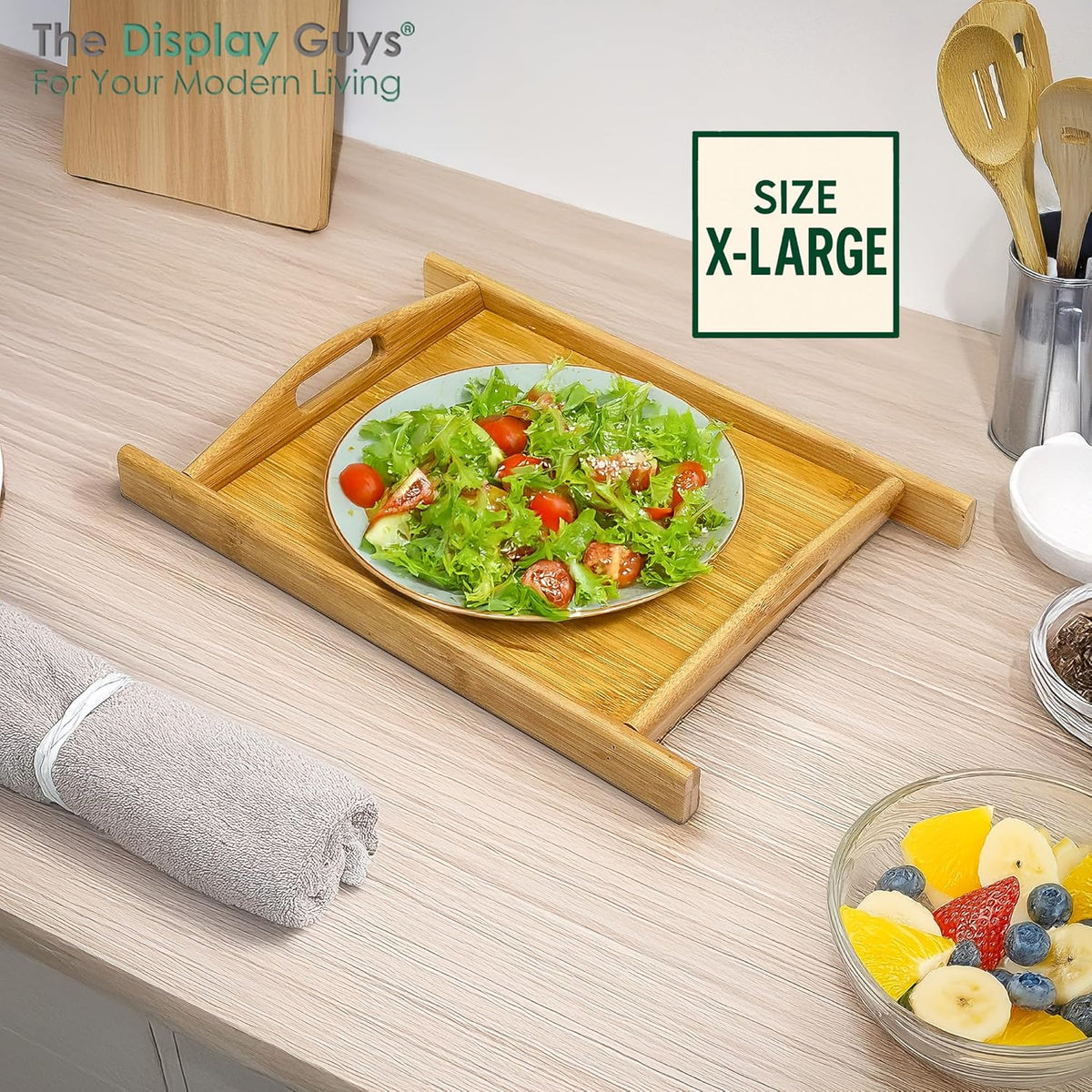 Natural Bamboo Serving Tray w/Handles (Small) - Decorative Platter for Food, Breakfast, Wooden Coffee Table, Ottoman, Couch, Picnic by The Display Guys