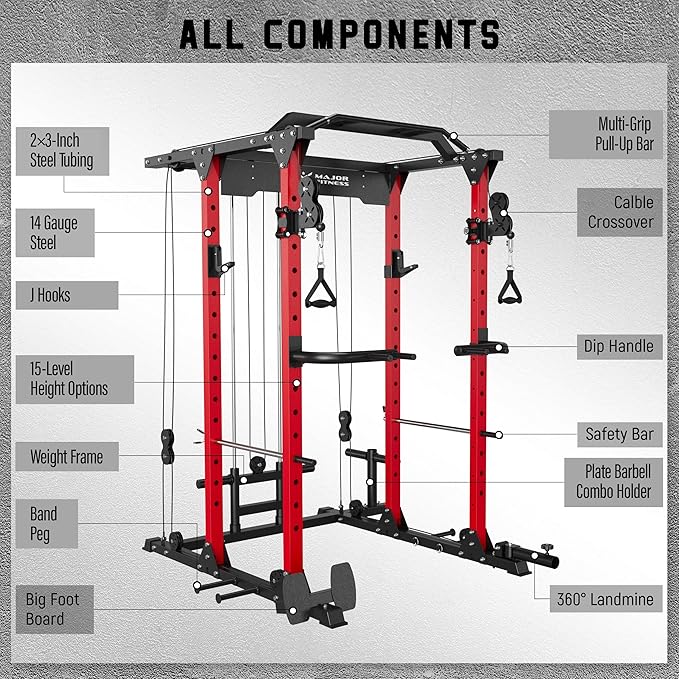 MAJOR FITNESS PLM03 Power Rack - 1400LBS Home Gym with Cable Crossover, Pull-Up Bar & Landmine, Strength Training Equipment