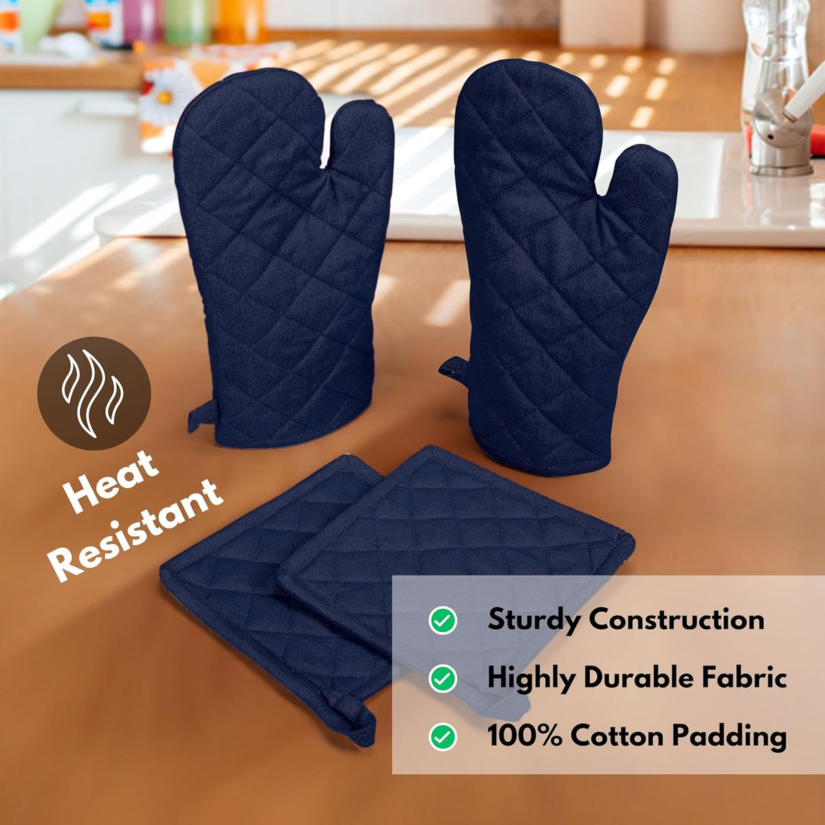 Native Fab 4 Piece Set - 2 Oven Mitts & 2 Potholders, Heat Resistant, 100% Cotton, Quilted Design, Non-Slip Grip, Machine Washable, Ideal for Baking, Cooking, BBQ, Kitchen Protection - Navy Blue