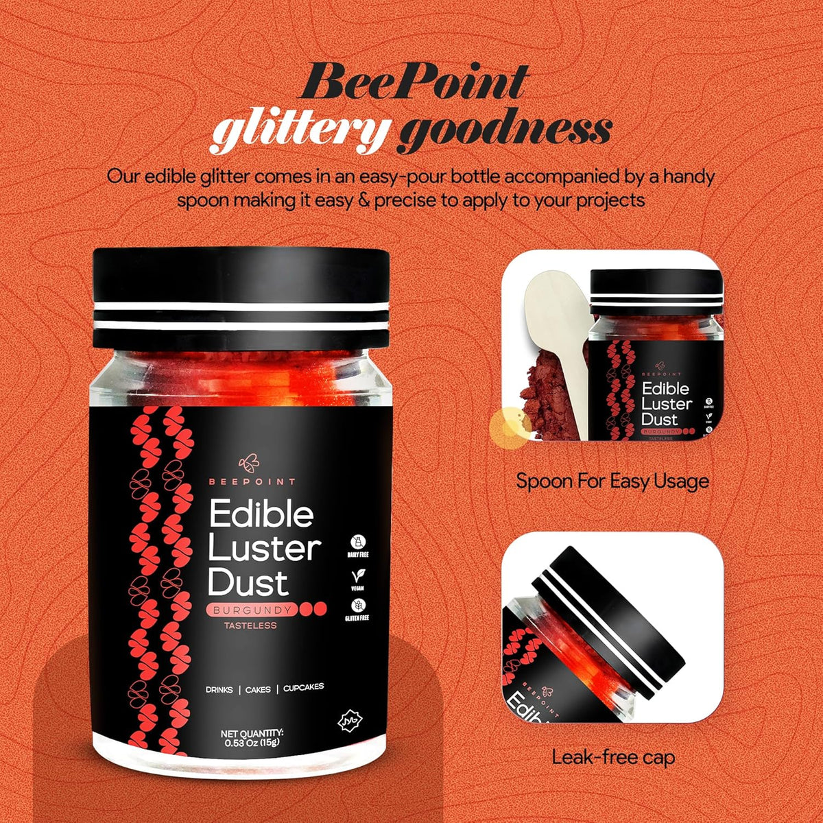 BeePoint Burgundy Edible Luster Dust 15g - Food Grade, Vibrant Color Shimmer Powdered Dust for Drinks, Cocktails, Cake Decorating, Baking, Chocolates, Candy, Sweets, & Cookies - Vegan & Gluten Free