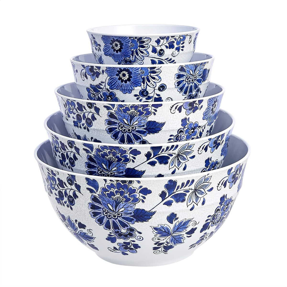 Amazon Basics Nesting Melamine Mixing Round Bowl with Lid and Non-Slip Base, 5 Sizes, Blue and White Floral, Set of 10, 4 quarts, 3 15/16",7 9/16",8 7/8",10",11 1/4"